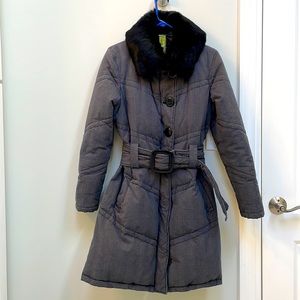 Grey Plaid Soia & Kyo Belted Parka Puffer Genuine Fur Collar size Medium